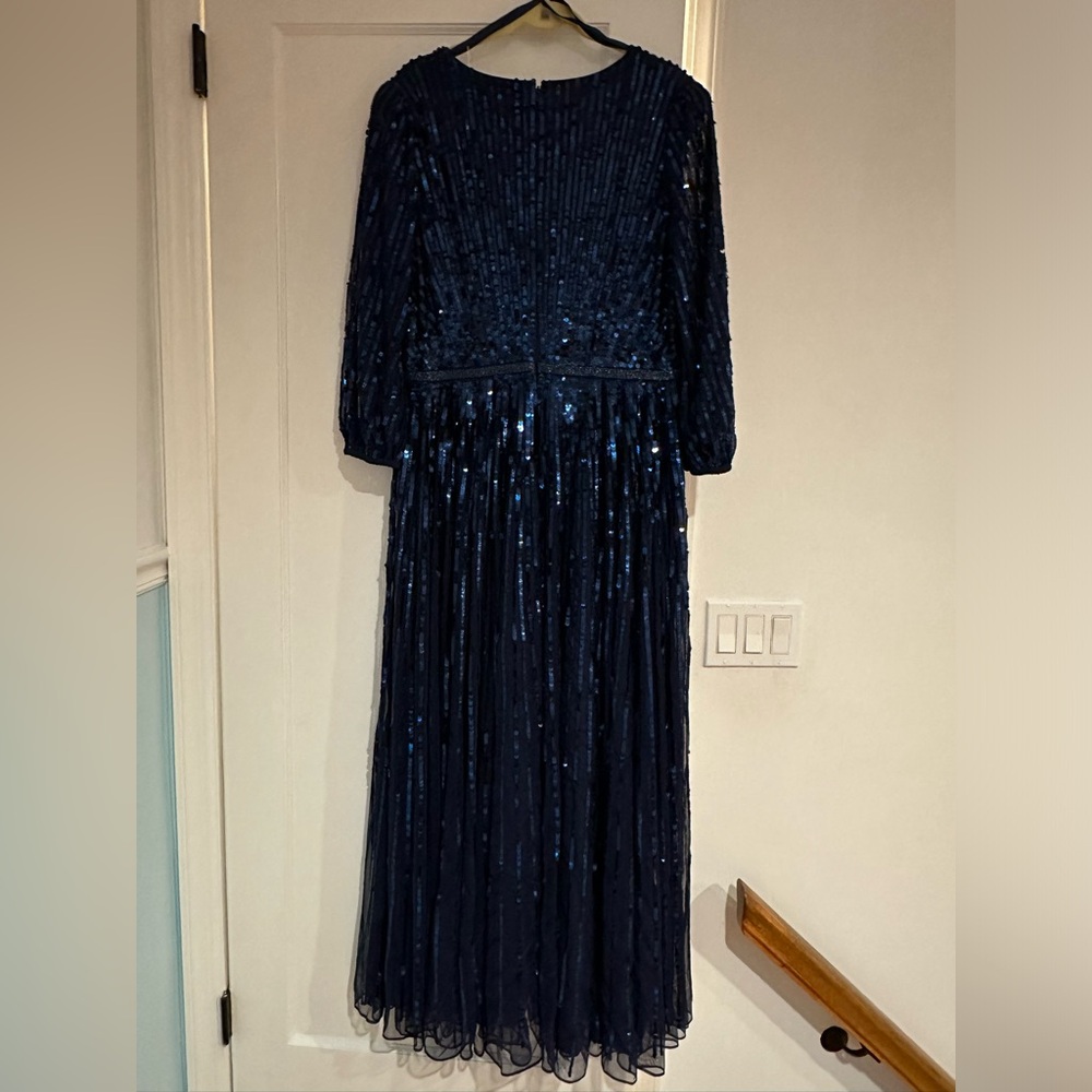 Mac Duggal Navy Sequin V-Neck Maxi Gown - Picture 3 of 7